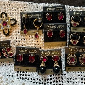 Monet Red and Black Earring Collection; One Pin